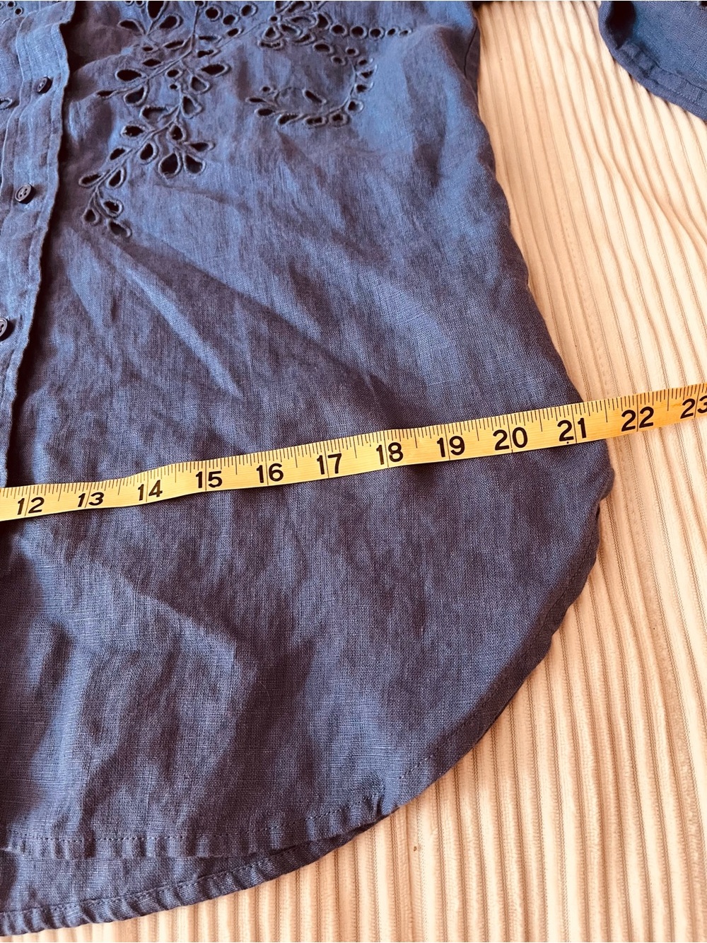 Womens Blue Linen  Eyelet Cutout Button-Up Blouse - Picture 10 of 11